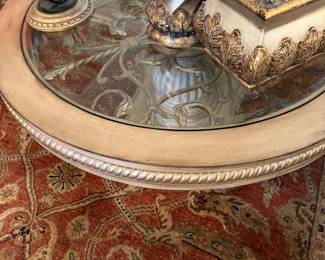 #33 - $200 - Round wood & wrought iron coffee table 44x44x21