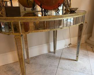 #38 - $220 - Console or vanity mirrored kidney shaped top & legs 47Lx29Dx30T (one drawer in back)