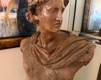 #21 - $150 - Tall plaster pedestal dark brown & Greek God  12w37t  