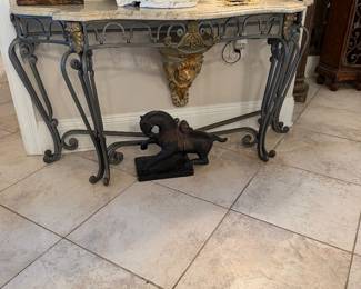 #15 - $240 - Wrought iron entry table with faux marble top 54wx18.5dx29t