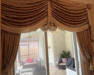 #68B - $400 - Curtain ensemble taupe & cream damask leaves x2 - 97x97