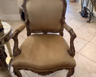 #31 - $350 - Pair of Louis XV style armchairs cream colored with silk upholstery 27wx22dx43t - some losses in silk