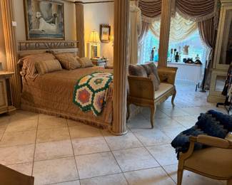 #60 - $700 - King size bed with columns oak white washed with mattress - clean 
