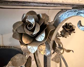 #11 - $190 - Wrought iron table with roses entry table & composite top 48wx18dx30t