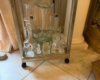 #47 - $120 - Mirrored silvered metal cart on casters 26x18x28 damaged 