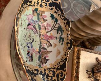 #27 - $60 - Oriental oval ceramic bowl with metal handles 18wx9d10t