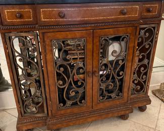 #22 - $240 each - Wrought iron and wood side cabinet with 3 doors  43wx12dx37t - 2 available - with marble top conforming