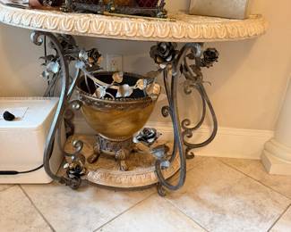 #11 - $190 - Wrought iron table with roses entry table & composite top 48wx18dx30t