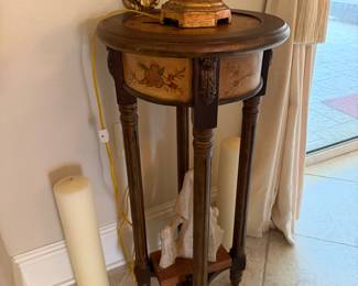 #30B - $80 - Tall pedestal / side table round brown / painted with flowers
