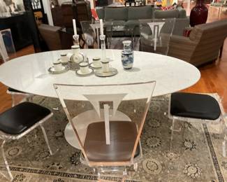 Marble Top Tulip Table and Acrylicore, Handmade Lucite Chairs