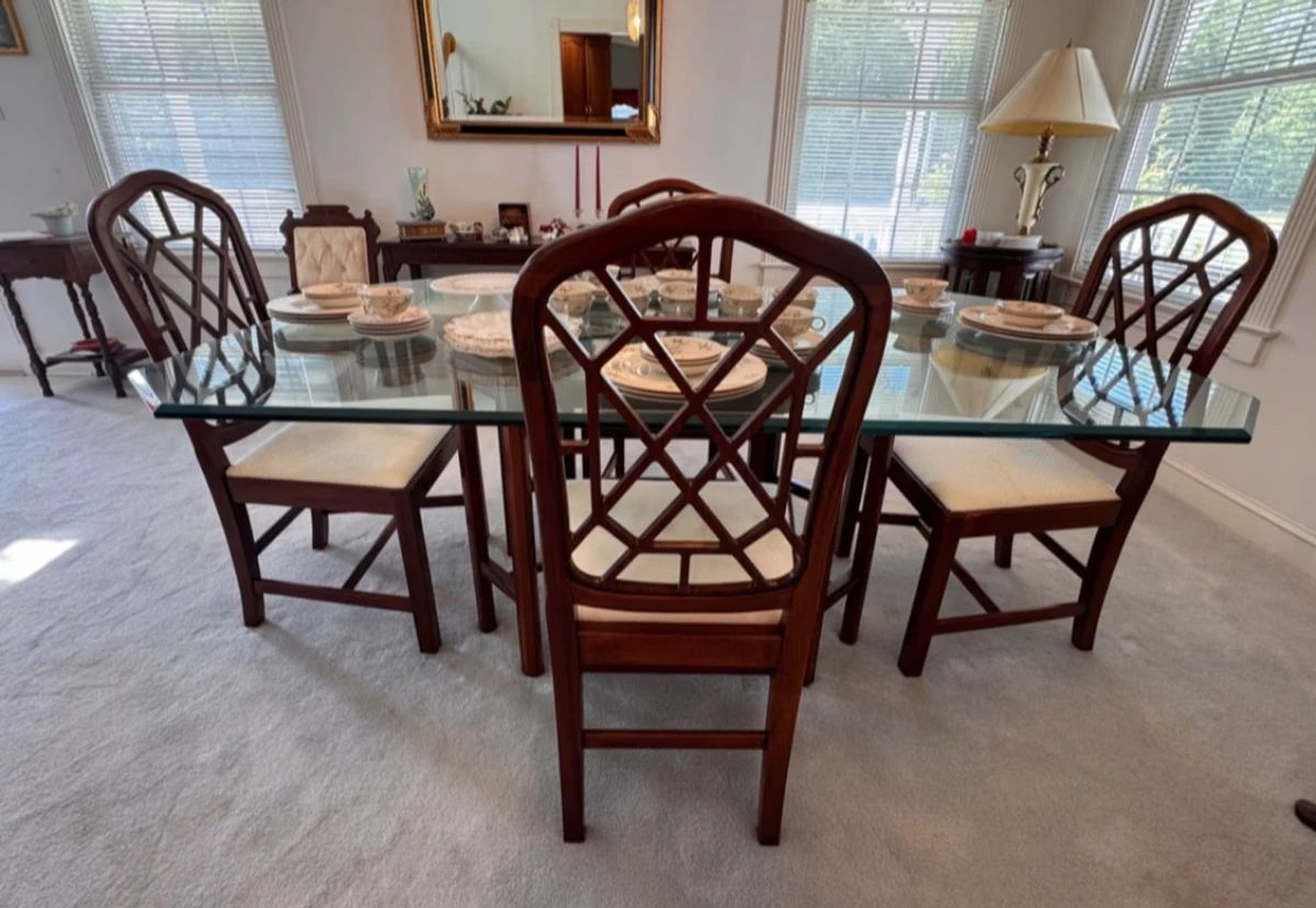 Chinese Chippendale glass top dining table and four chairs
