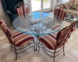 Wrought iron glass top table and chair set
