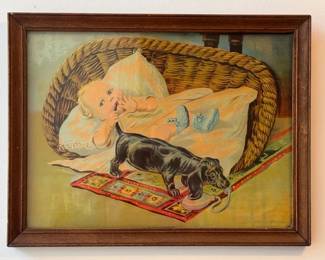 James Lee 'An Even Exchange' baby and puppy framed lithograph