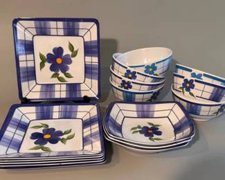 Set of blue flower melamine plates and bowls