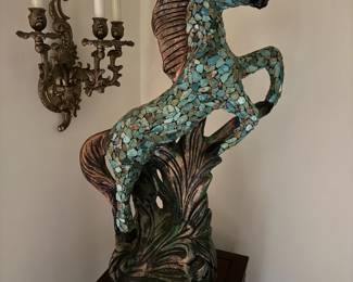 Turquoise encrusted horse sculpture 