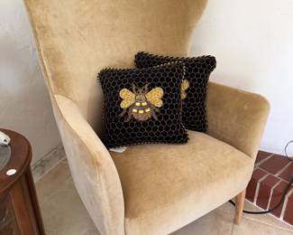 crate & barrel chair and MacKenzie Childs pillows