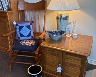 Wooden Rocking Chair, Ethan Allen Record Cabinet, Waterford Octagonal Tall Candlesticks