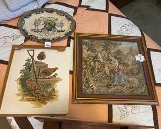 Vtg-Style Framed Countryside Tapestry, Ironstone Turkey Platter