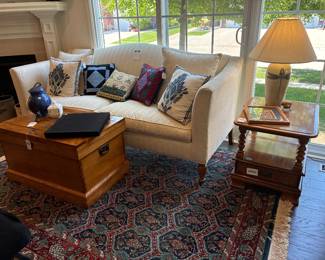 Wooden Storage Trunk, Ethan Allen Heirloom Table, Ethan Allen Sofa w/ Pillows