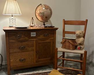 Wooden Dresser, Vtg Lamp, Globe, Wooden Chair