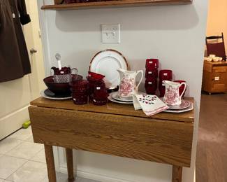 Wooden Folding Table, Wooden Wall Shelf, Vtg Glassware