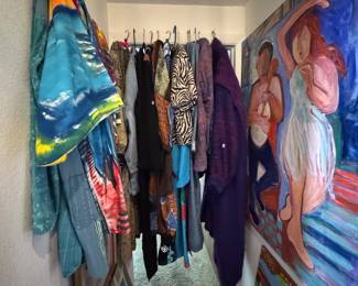 Very colorful, artistic clothing and coats. Denim duster with Georgia O’Keefe flower on back, artwork. 2X-4X tie died dresses