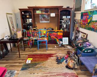 Large TV console, large handknotted silk rug, electric lift chair, paintings, Lasansky prints