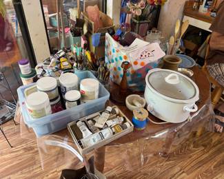 Antique wood table, art supplies, kitchen supplies, crockpot, pottery, dishes/pots: