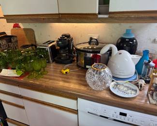 Vintage green glass mid-century modern pitcher, and cups, crockpot, glass faces, electric teapot, espresso machine