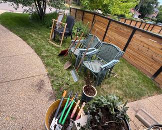 Gardening tools, shovels, rakes, outside chairs, planters, ladders