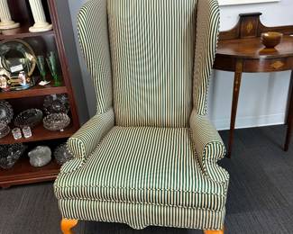 Heavy striped high back wingback chair, one of two matching