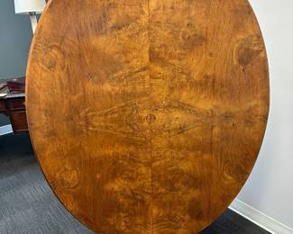 Tilt top inlay oval pedestal table with plate glass protective top