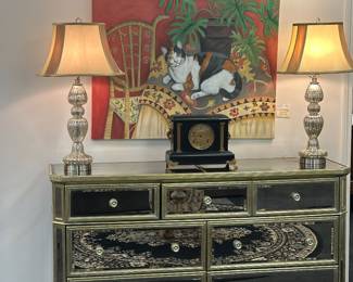 mirrored dresser with handpainted painting, antique clock,