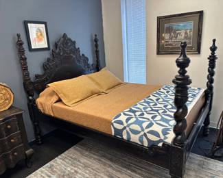 Queen size hand carved for post bed, shown with blue and white quilt