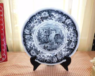 Spode dinner plate features the "Williamsburg Country Scenes Black" pattern with a scenic watermill center design (front)