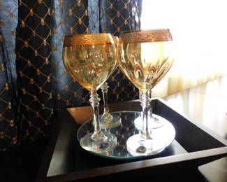Set of 4 Cristalleria Fratelli Fumo Crystal Wine Glasses / 24K Gold Trim /Handcrafted in Italy
