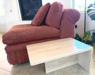 Wine colored side chairs (2), modern stone side tables