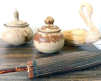 American wheel-thrown pottery, vintage umbrella
