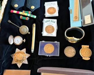 Jewelry: silver, vintage, costume, US Naval Officer's dress sword, Military pins, buttons, shoulder boards, Antique Waltham pocket watch