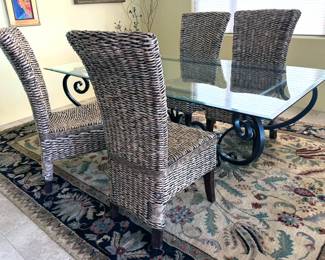 Glass top dining table, Grass woven dining chairs (4-6)