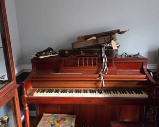 Musical instruments: Lowry spinet piano, violin, piccolo and tambourine