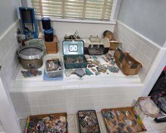 Lapidary equipment, supplies (including shaker and grinder), fossils, rock slices