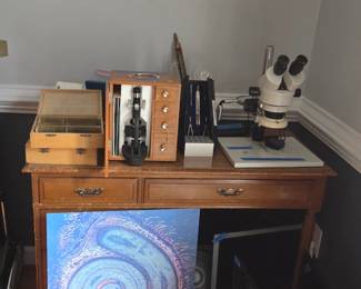 Science equipment: glassware, drafting sets, complete set (2 boxes) of slides showing sections of lobster brain