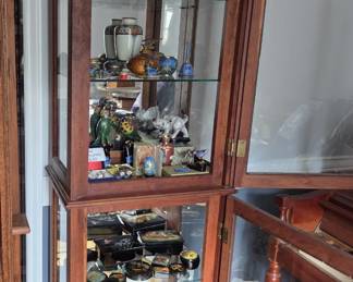 Cloisonné collectibles with many animal figurines (top shelf). Original/signed black lacquer boxes
