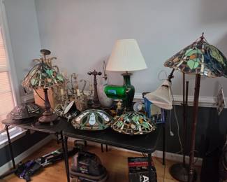Lamps - hanging and table. Tiffany style set, vintage chandeliers complete with crystals