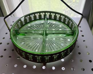Uranium green divided dish in Silverplate handled base