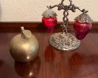 Brass Apple Bell and Silverplate Strawberries