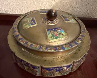 Brass Asian Cloisonne Lidded Box with Blue Enamel interior