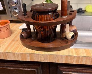 Vintage pipe storage with glass lidded container and 5 pipes