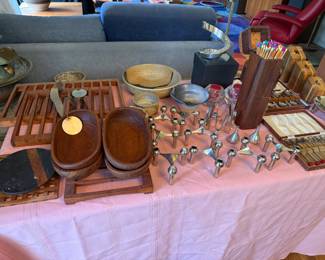 a wonderful selection of MCM Danish teak silver plate, accoutrements.